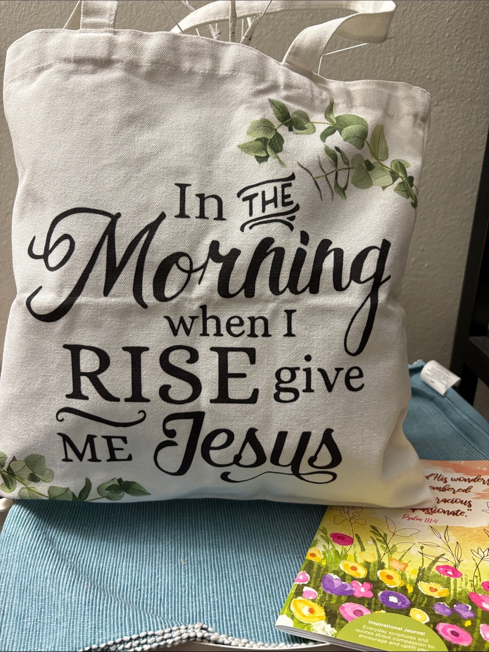 Canvas Faith Tote Bag - White with Green Leaf Accent and Journal Bundle🌸